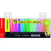 Zvýrazňovač STABILO BOSS ORIGINAL 15 ks deskset, 9 neonových a 6 pastelových farieb