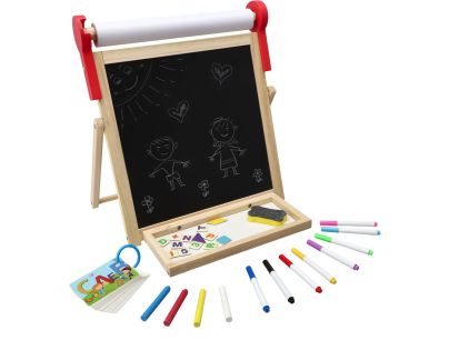 Teddies Obojstranná magnetická tabuľa drevo čierna-biela 33x33cm s rolou papiera s doplnkami v krabici 37x43cm