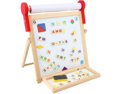Teddies Obojstranná magnetická tabuľa drevo čierna-biela 33x33cm s rolou papiera s doplnkami v krabici 37x43cm
