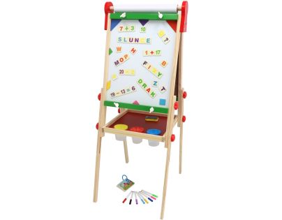 Teddies Obojstranná magnetická tabuľa drevo čierna-biela 35x43cm s rolou papiera s doplnkami v krabici 40x61cm