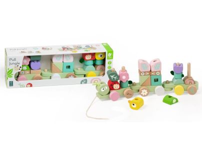 Teddies Vlak + 2 vagóny jungle drevo ťahacia stavebnica 27 dielikov v krabici 38x12x8cm 12m+