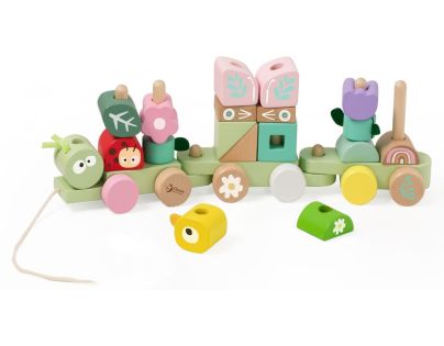 Teddies Vlak + 2 vagóny jungle drevo ťahacia stavebnica 27 dielikov v krabici 38x12x8cm 12m+