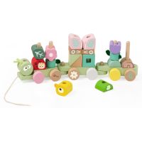 Teddies Vlak + 2 vagóny jungle drevo ťahacia stavebnica 27 dielikov v krabici 38x12x8cm 12m+ 2