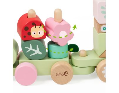 Teddies Vlak + 2 vagóny jungle drevo ťahacia stavebnica 27 dielikov v krabici 38x12x8cm 12m+