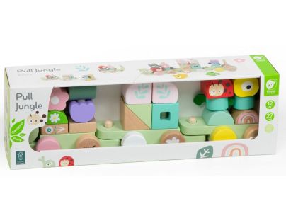 Teddies Vlak + 2 vagóny jungle drevo ťahacia stavebnica 27 dielikov v krabici 38x12x8cm 12m+