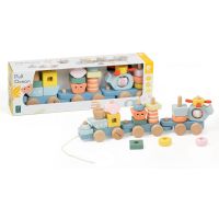 Teddies Vlak + 2 vagóny oceán drevo ťahacia stavebnica 28 dielikov v krabici 38x12x8cm 12m+