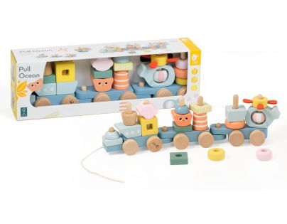 Teddies Vlak + 2 vagóny oceán drevo ťahacia stavebnica 28 dielikov v krabici 38x12x8cm 12m+