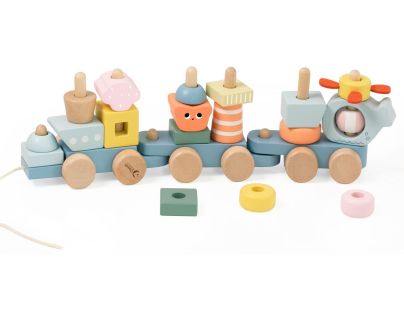 Teddies Vlak + 2 vagóny oceán drevo ťahacia stavebnica 28 dielikov v krabici 38x12x8cm 12m+