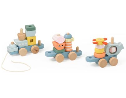 Teddies Vlak + 2 vagóny oceán drevo ťahacia stavebnica 28 dielikov v krabici 38x12x8cm 12m+