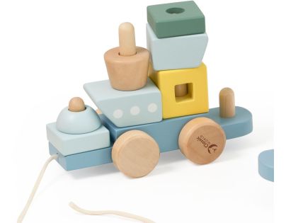 Teddies Vlak + 2 vagóny oceán drevo ťahacia stavebnica 28 dielikov v krabici 38x12x8cm 12m+