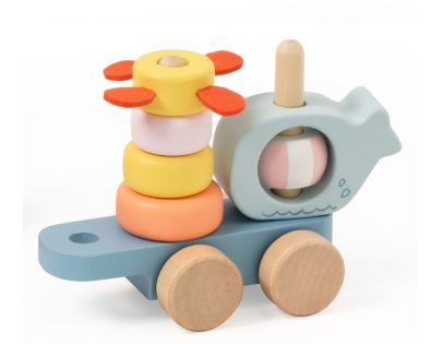 Teddies Vlak + 2 vagóny oceán drevo ťahacia stavebnica 28 dielikov v krabici 38x12x8cm 12m+