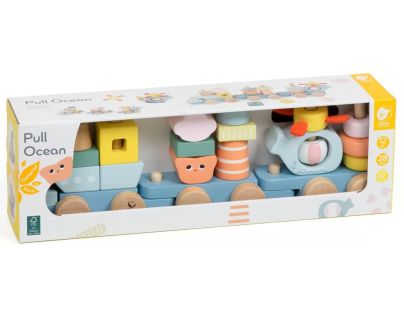 Teddies Vlak + 2 vagóny oceán drevo ťahacia stavebnica 28 dielikov v krabici 38x12x8cm 12m+