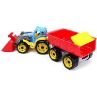 Traktor modrý s prednou lyžicou a červeným vlekom 2
