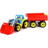 Traktor modrý s prednou lyžicou a červeným vlekom