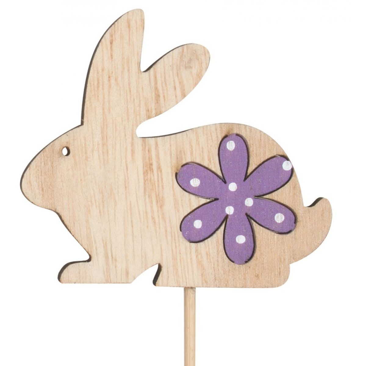 Anděl Zajačik drevený na špajli s kvietkom fialovým 8 cm
