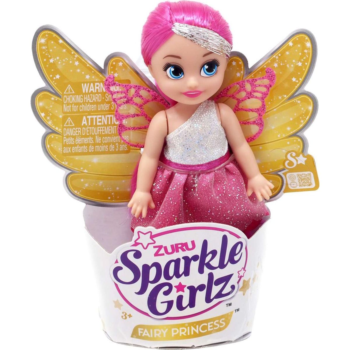 Zúru Víla Sparkle Girlz s krídlami malá v kornútku ružostrieborné šaty a ružové vlasy